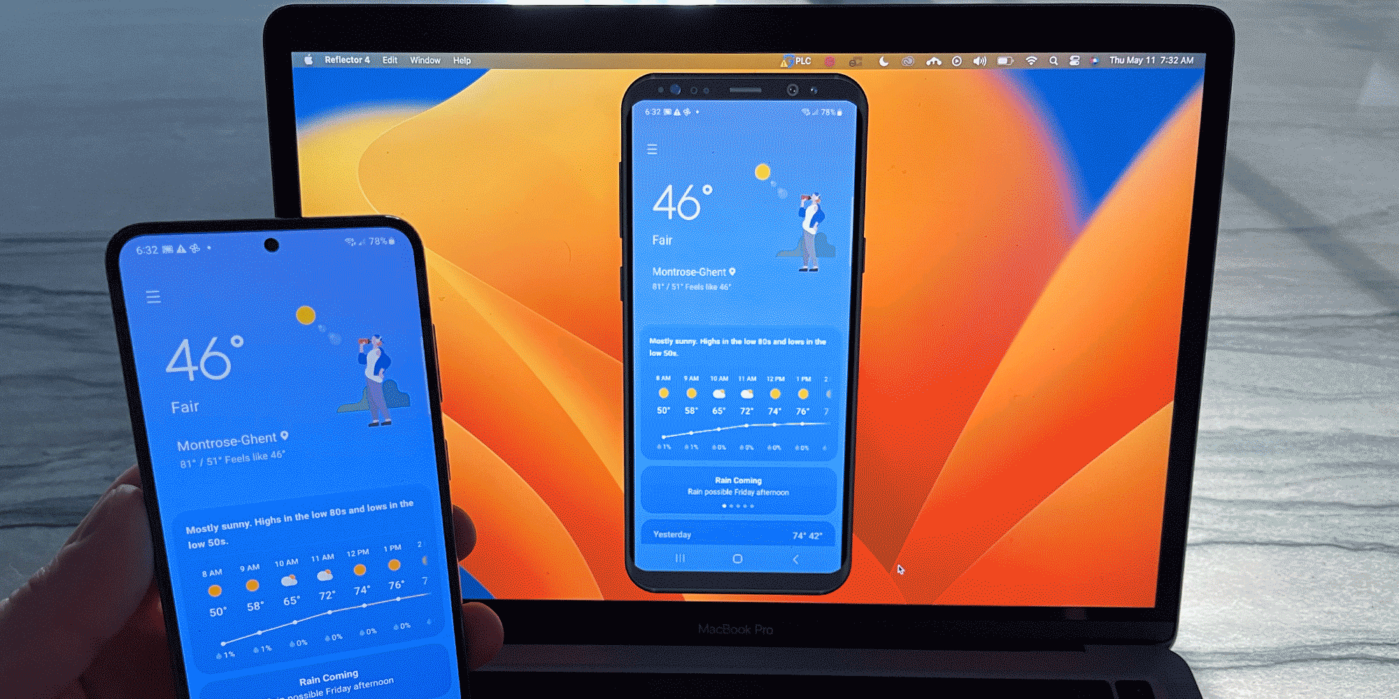 Samsung Galaxy S23 phone mirrored to a computer