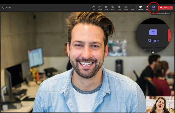 People in a Microsoft Teams videoconference with the screen share option highlighted 
