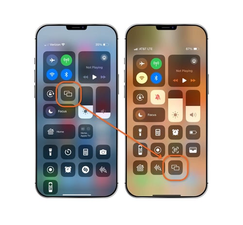 Two iPhones side by side with Control Center open to show how the screen mirroring icon moved in the latest iPhone