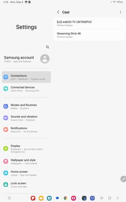 Samsung Galaxy Tab S8 Cast connections menu