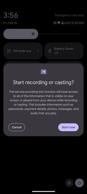 Google Pixel 8 start recording or casting menu