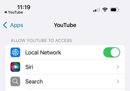 YouTube app settings on iPhone