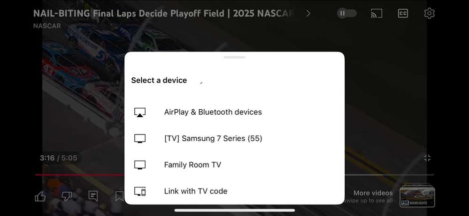 An AirPlay device menu on a YouTube video