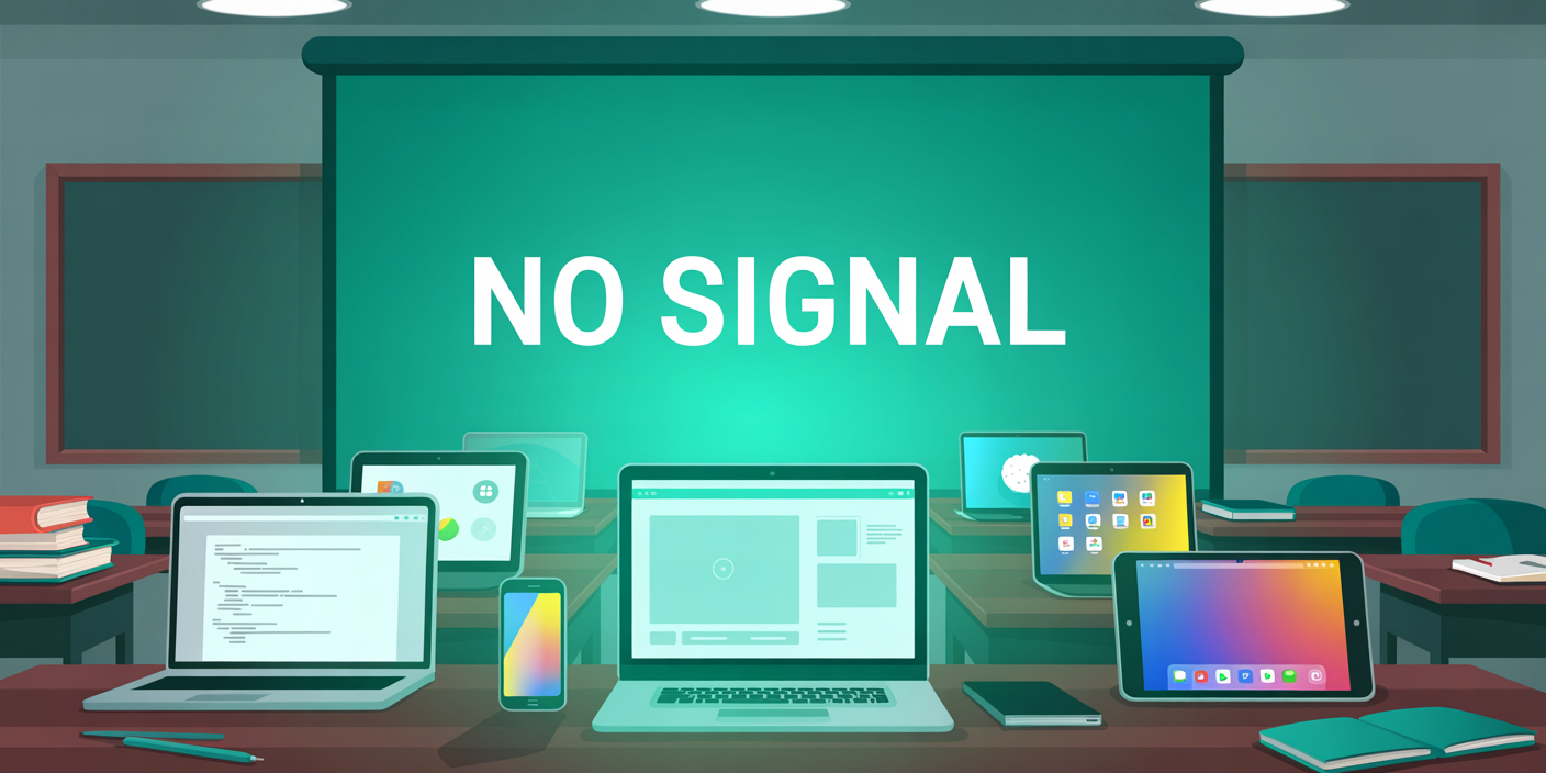 Devices in a classroom with a "No Signal" message on the primary classroom screen