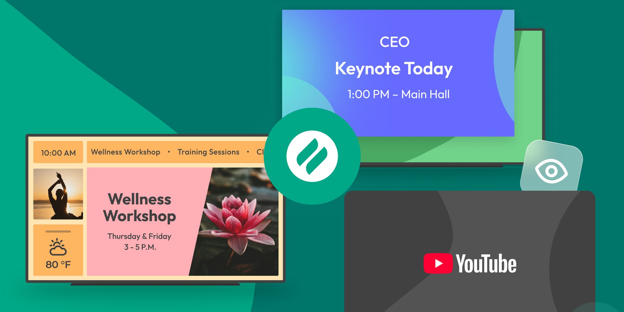 The Ditto logo, centered, with three screens rotating around it showing different types of digital signage