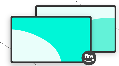 Two overlapping screens with the Amazon Fire logo floating nearby