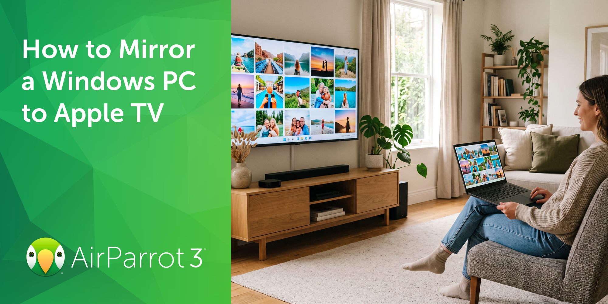 Windows laptop wirelessly mirroring its screen to an Apple TV connected television using AirParrot 3