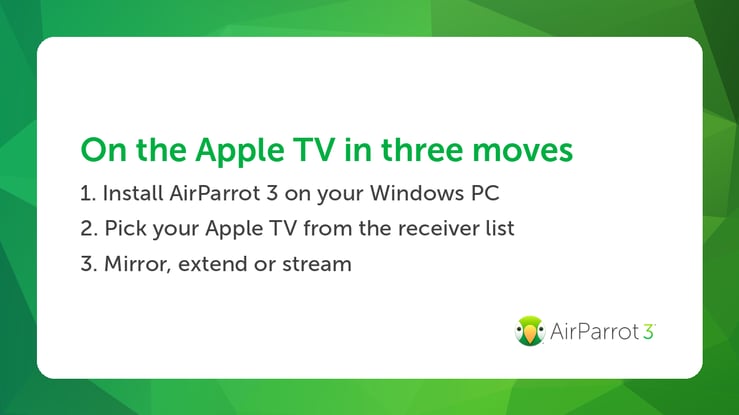 Branded AirParrot 3 graphic listing three steps to mirror a Windows PC to Apple TV: install AirParrot 3, pick your Apple TV from the receiver list, then mirror, extend or stream