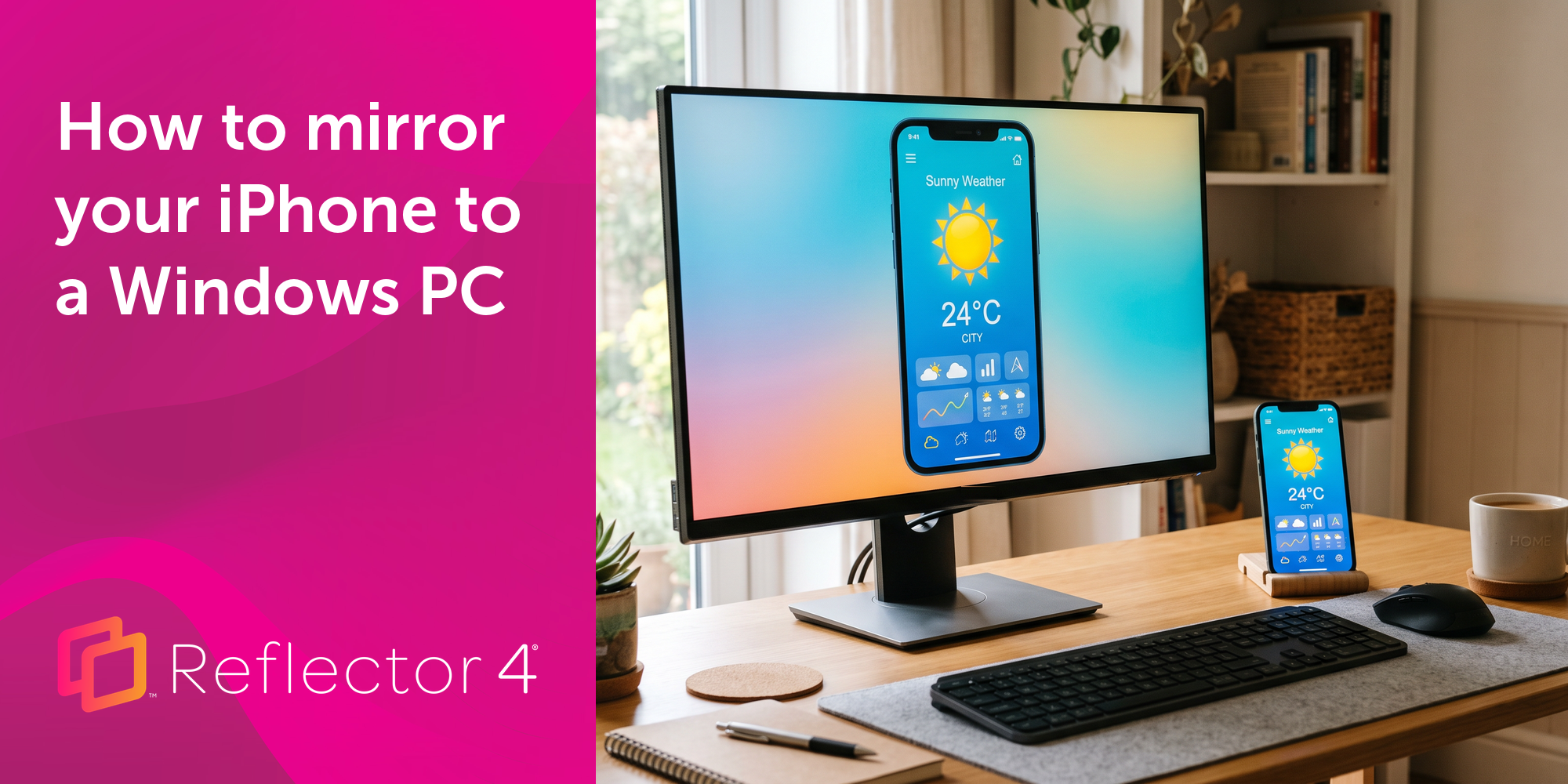 iPhone screen mirrored wirelessly to a Windows PC monitor with Reflector 4
