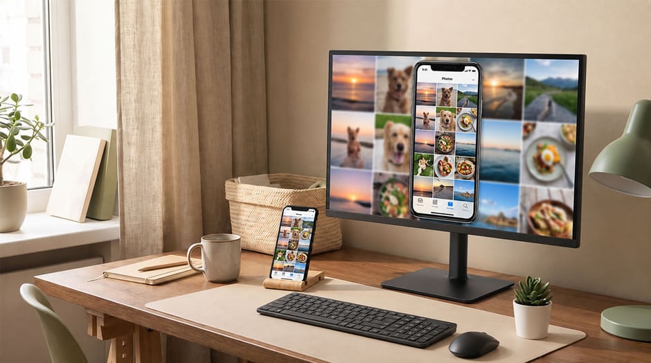 An iPhone Screen Mirroring on a Windows computer in an office