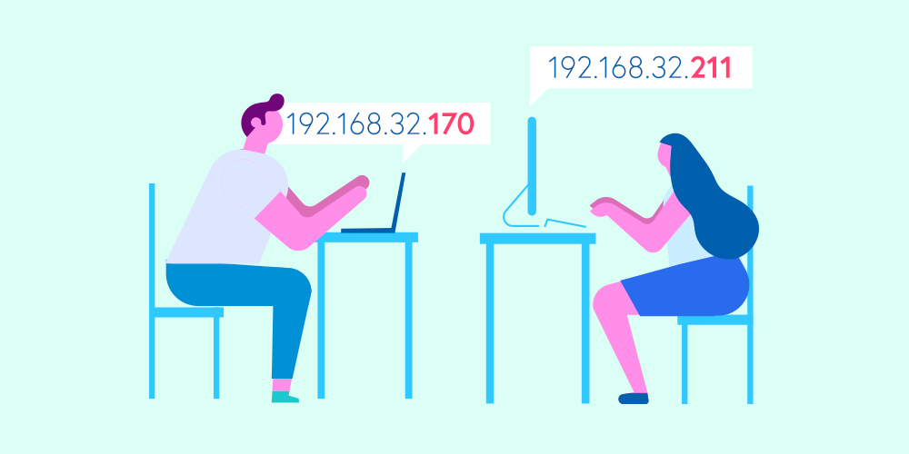 Illustration of coworkers at computers with IP addresses