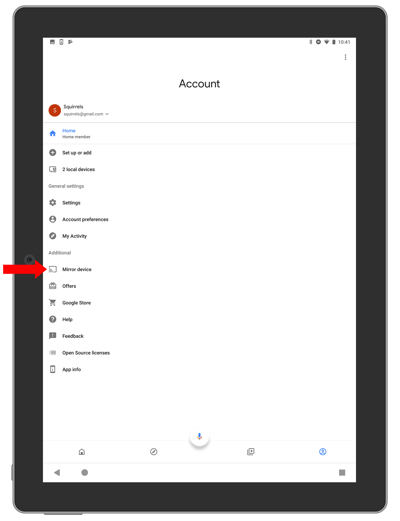 Account tab on Google Home