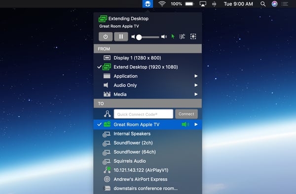 AirParrot extend desktop to receiver menu