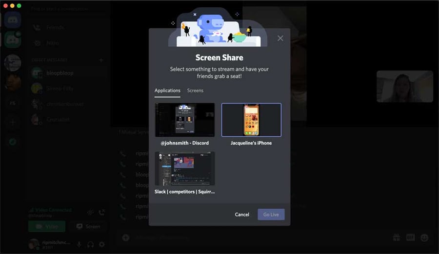 Screen share selection on desktop