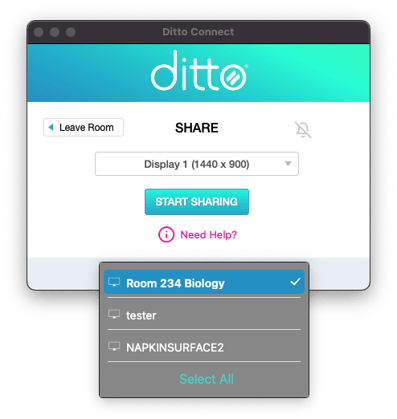 Ditto Connect app receiver selection