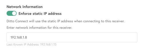 The "Enforce static IP address" setting toggle in the Ditto Account Portal