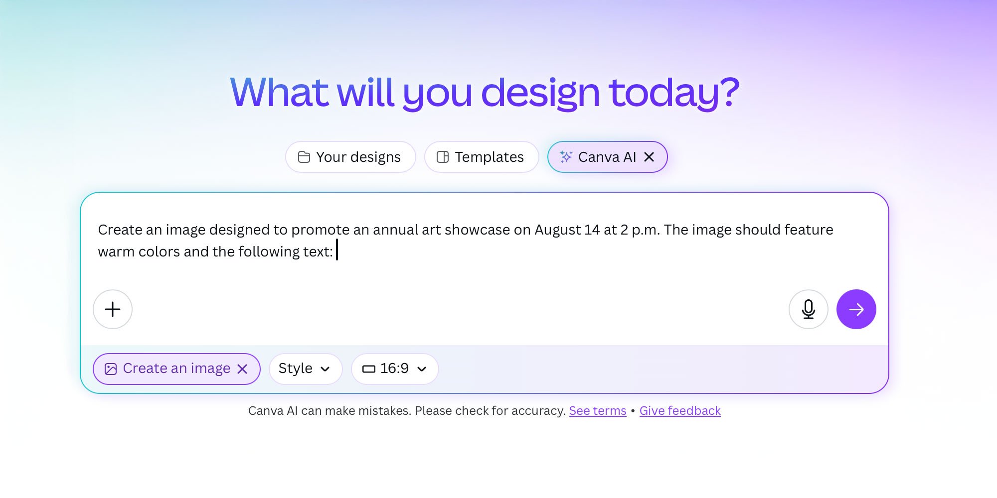A Canva AI prompt requesting an image to promote an upcoming art show on August 14 at 2 p.m. 